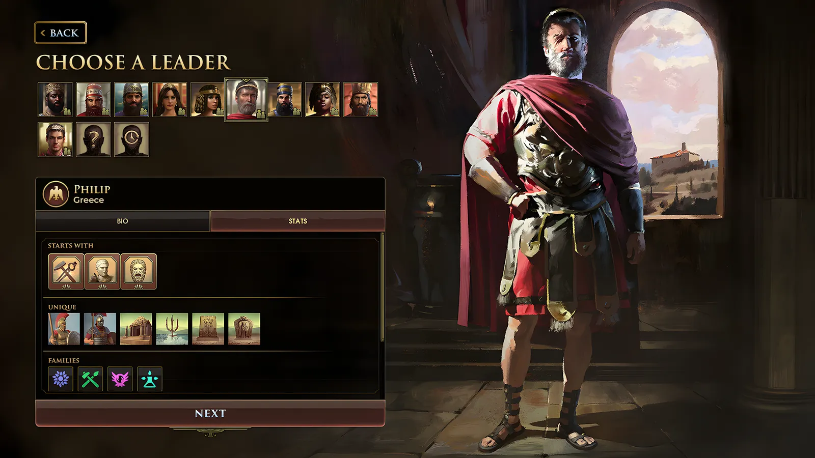 Choose a leader screen with Philip of Greece