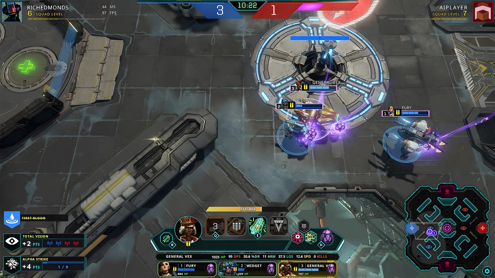 In-match HUD showing squad health and abilities