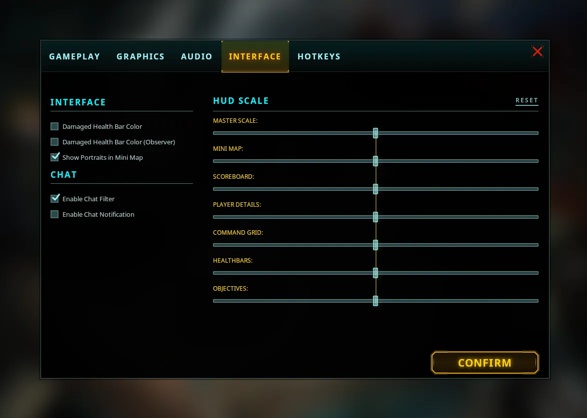 Interface settings menu with independently adjustable HUD scale sliders