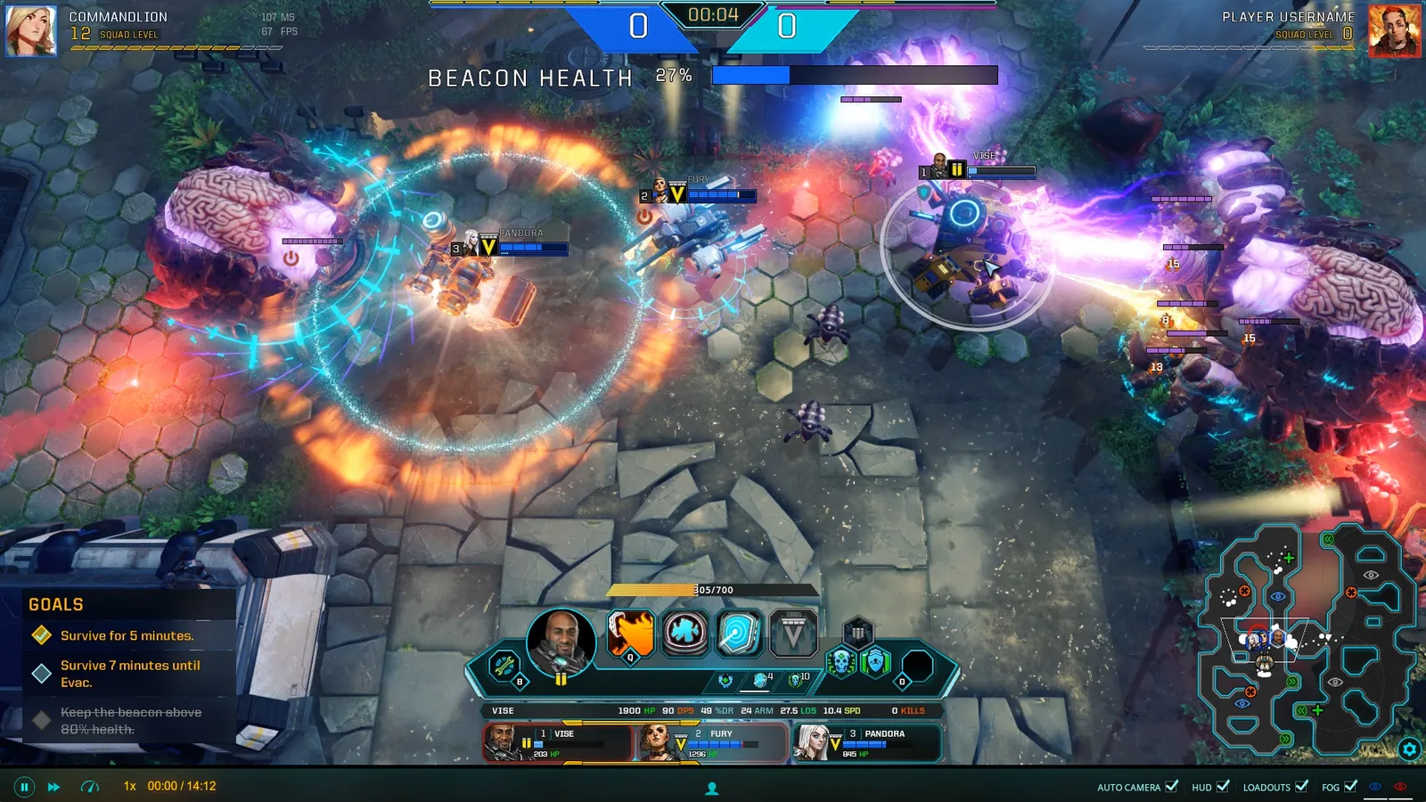 Spectator view of a live match with squad health, minimap, and match goals
