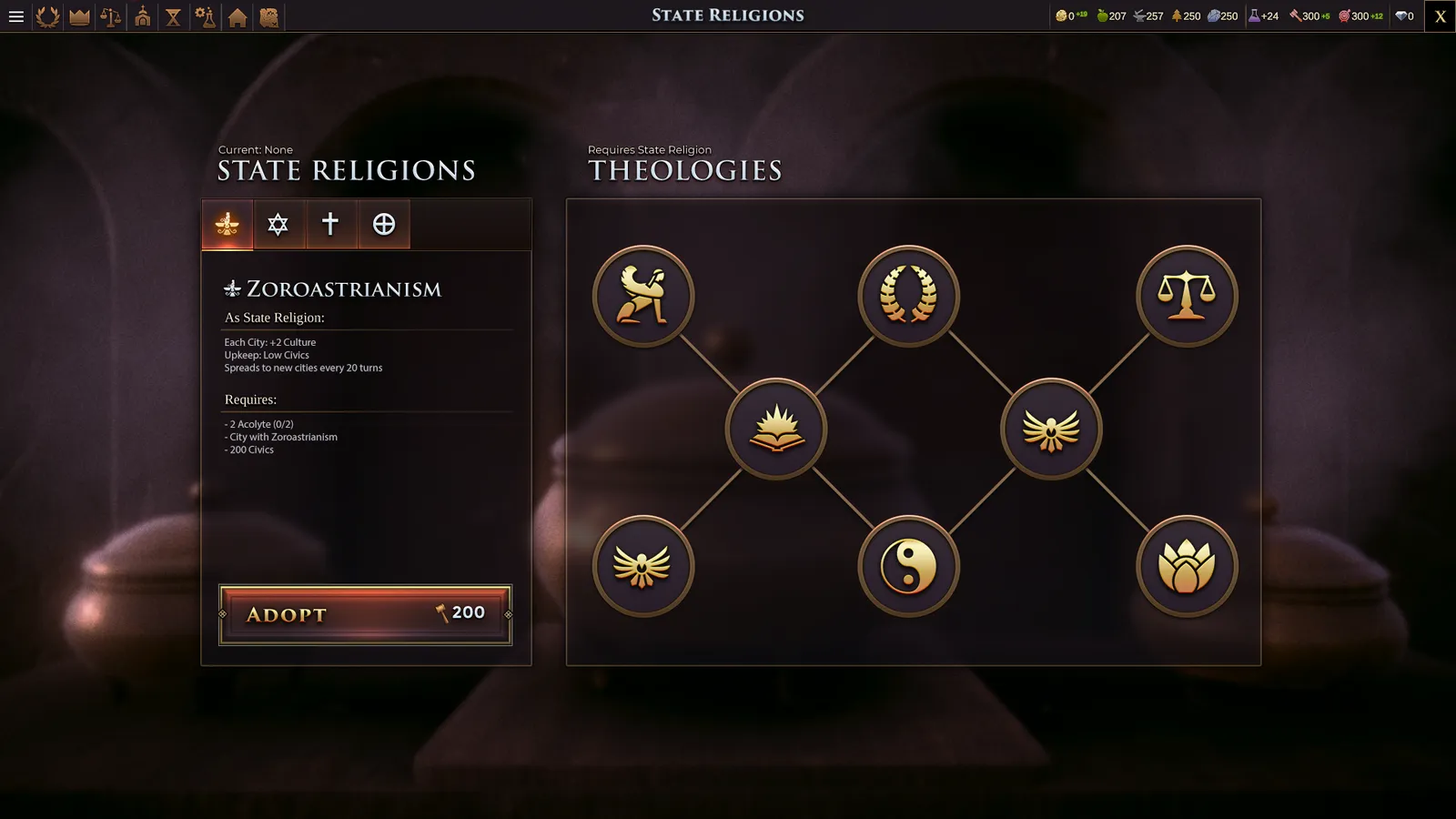 State religions and theology selection screen